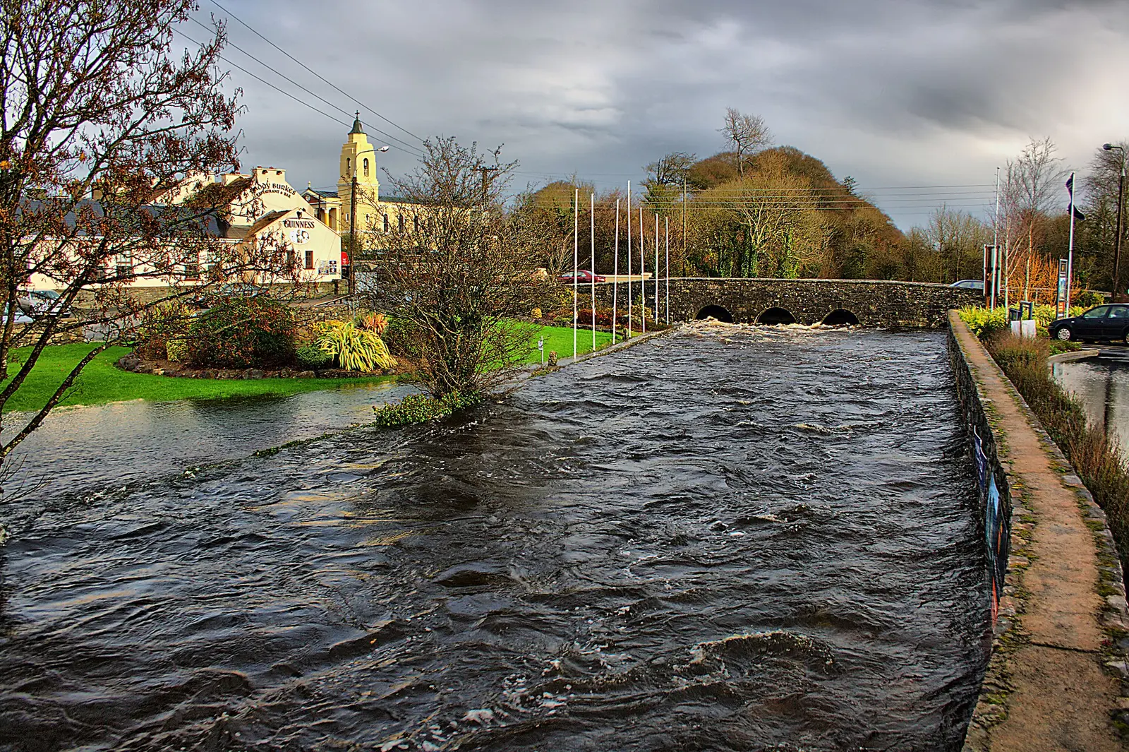 The Clarin river, Clarinbridge, bursts its banks due to days and days of continuous rain.