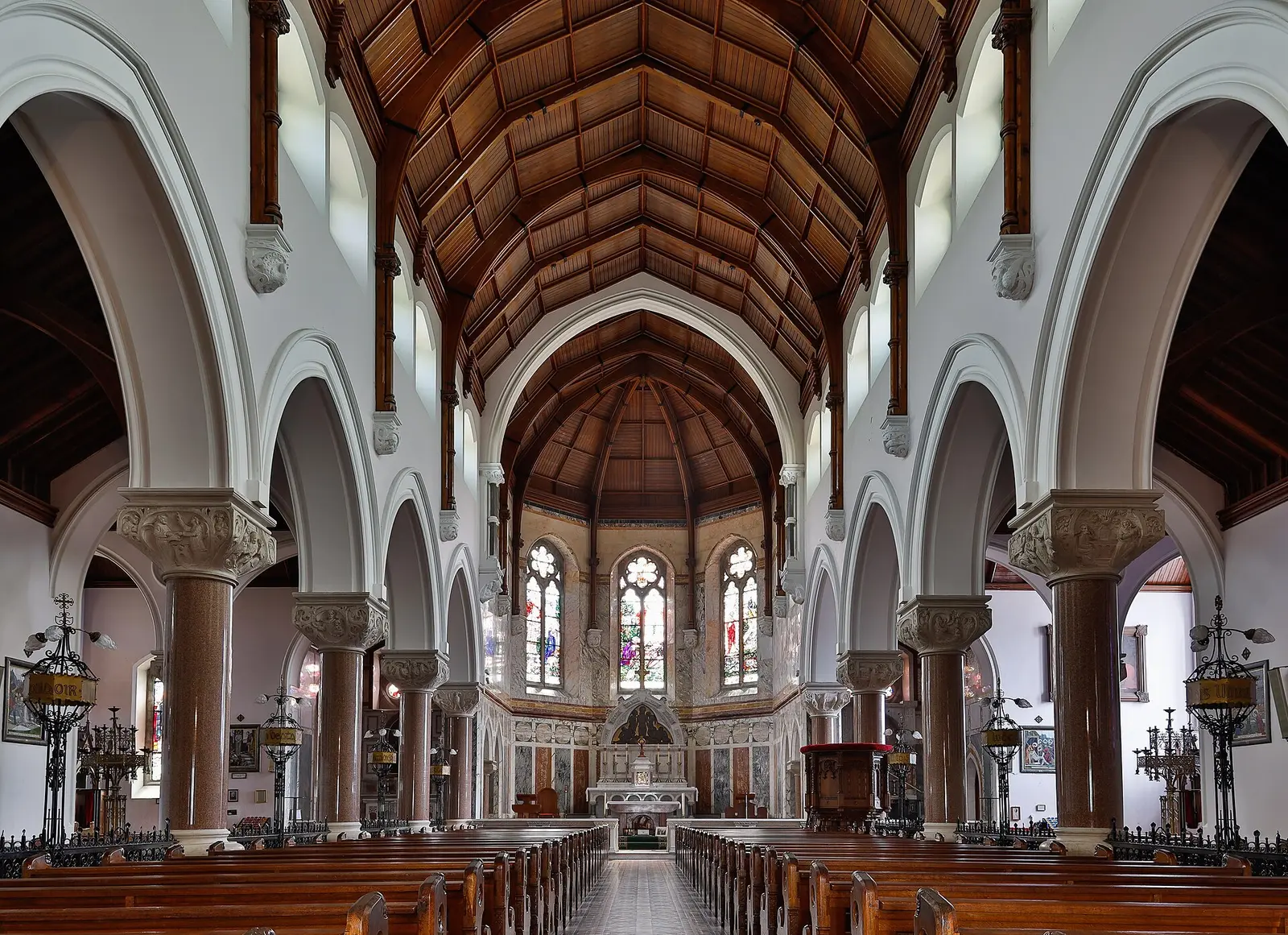 Nave of St. Brendan's Cathedral, looking south (liturgically east) towards the main altar.