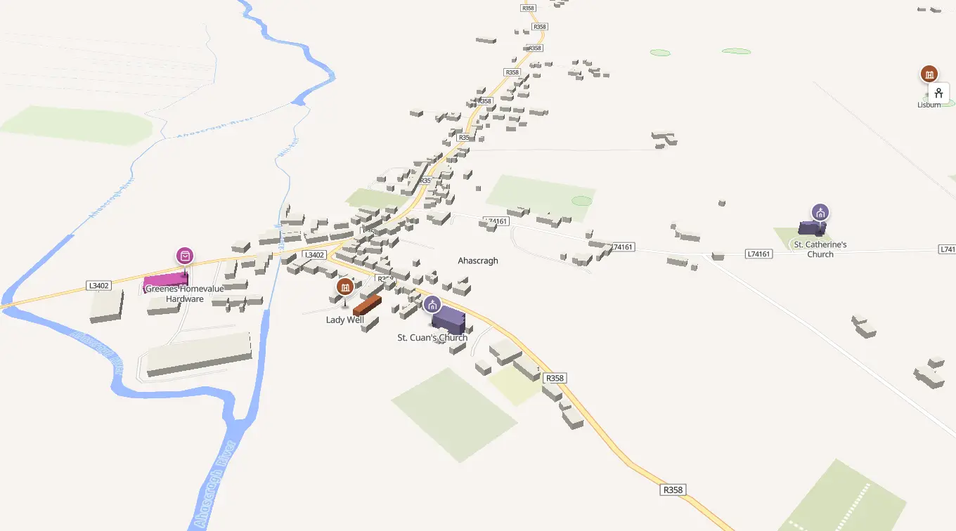 The 3D model of Ahascragh: every building standing up, with the shops and services pinned