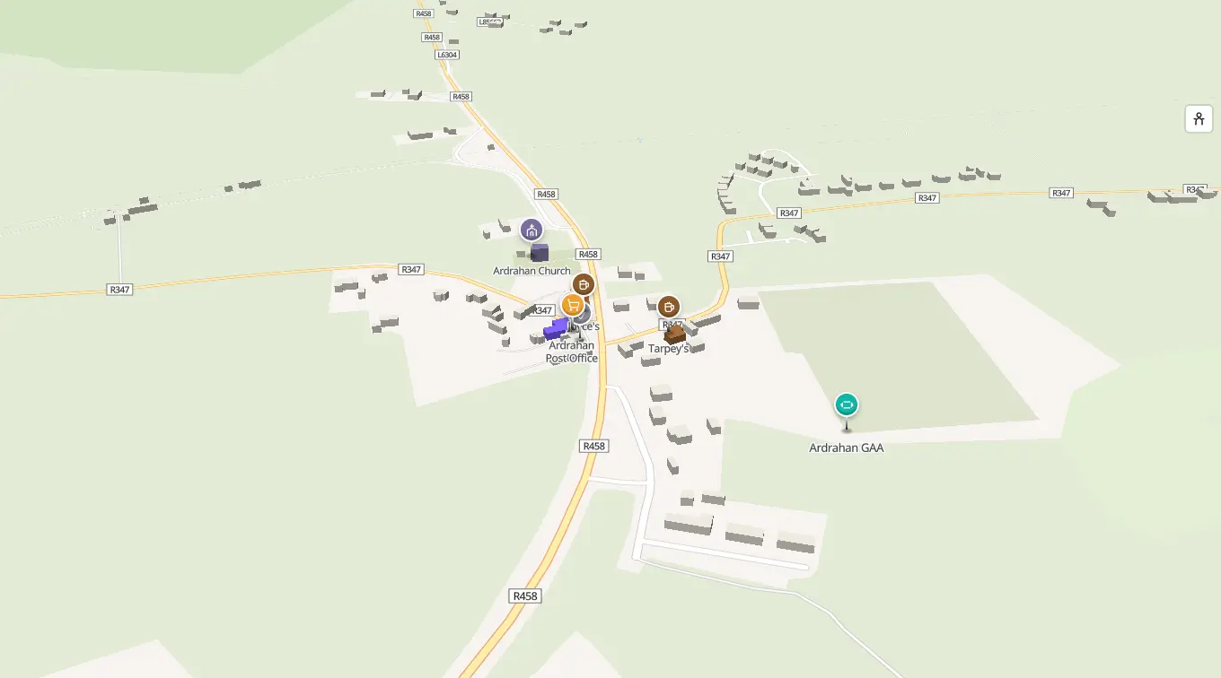 The 3D model of Ardrahan: every building standing up, with the shops and services pinned