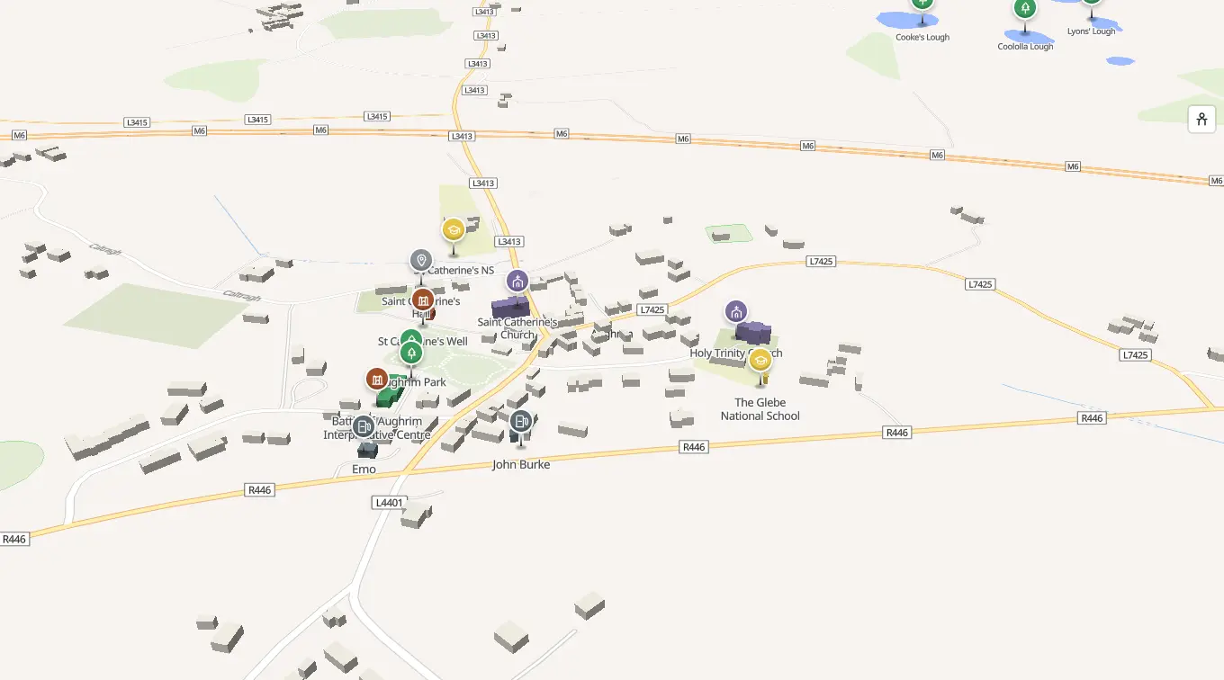 The 3D model of Aughrim: every building standing up, with the shops and services pinned