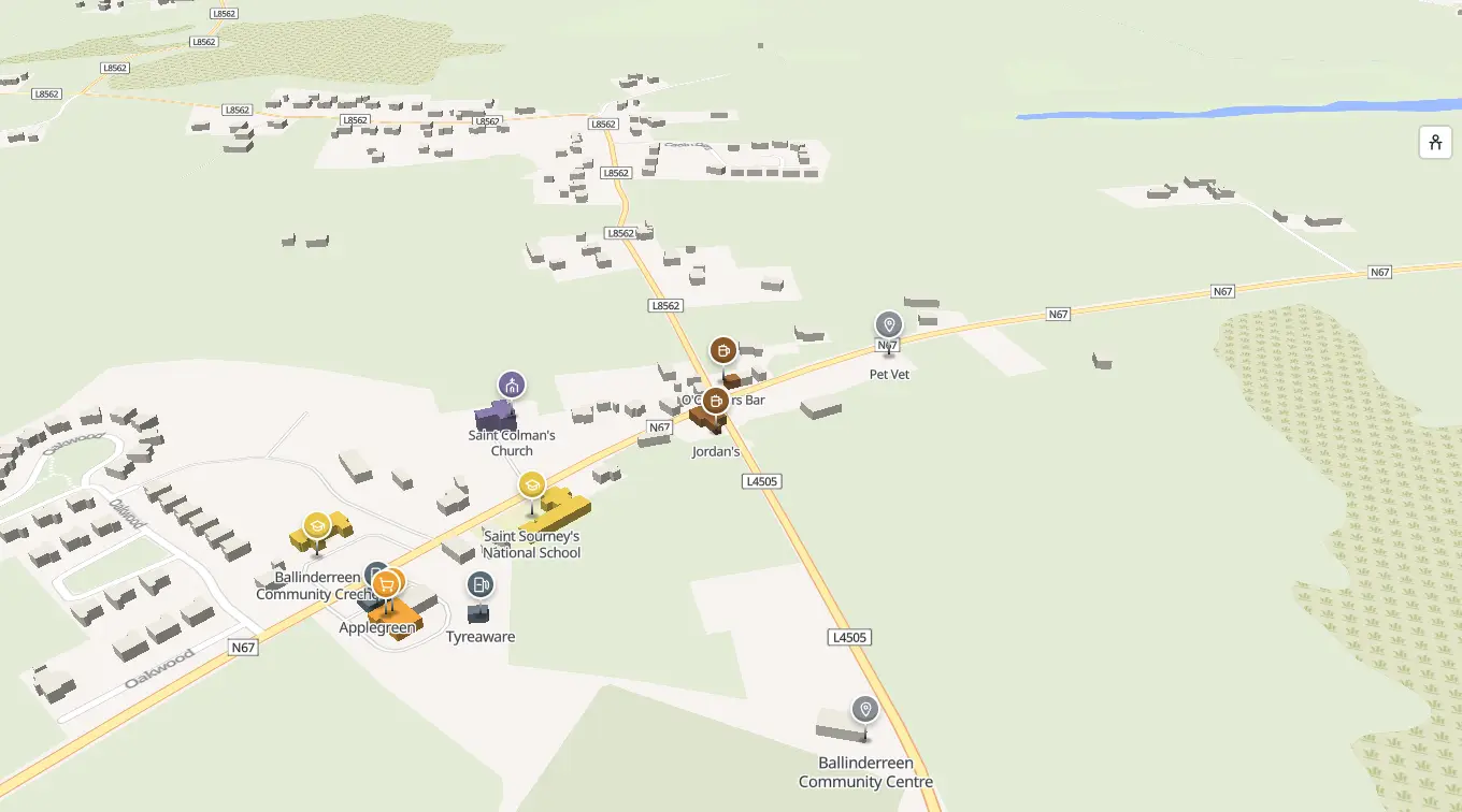 The 3D model of Ballinderreen: every building standing up, with the shops and services pinned