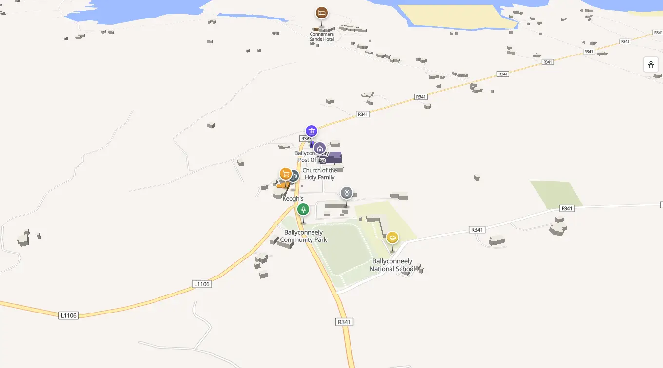 The 3D model of Ballyconneely: every building standing up, with the shops and services pinned