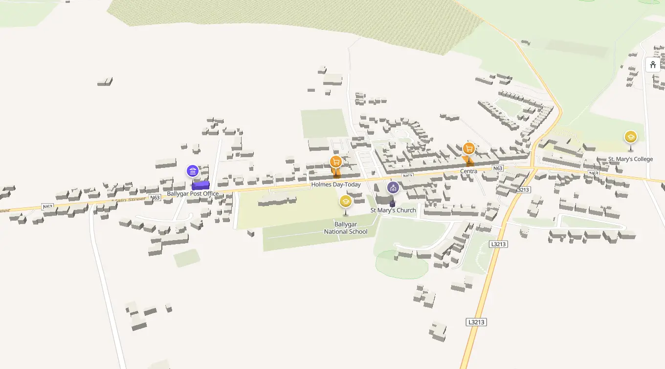 The 3D model of Ballygar: every building standing up, with the shops and services pinned