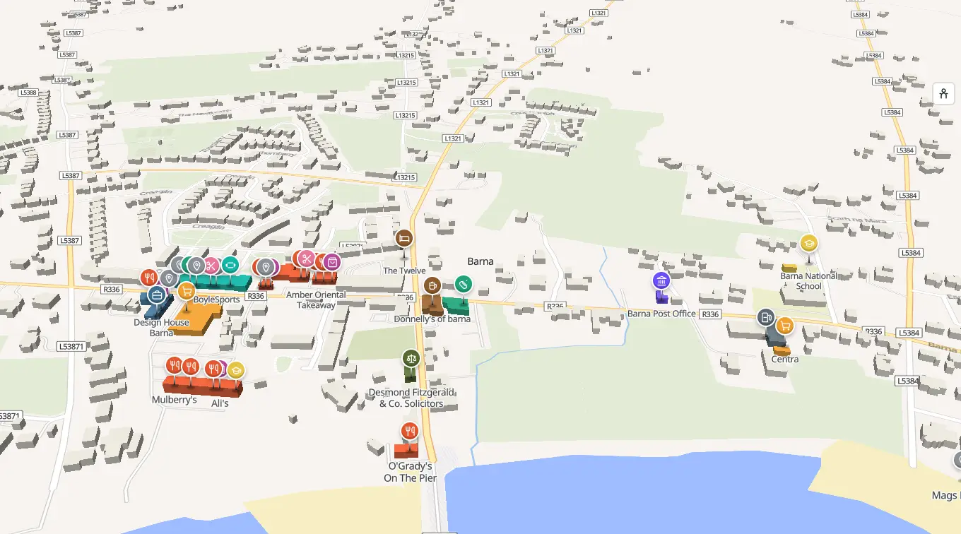 The 3D model of Barna with every named place pinned