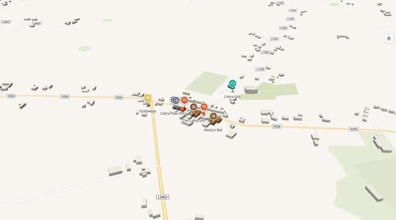 The 3D model of Caltra: every building standing up, with the shops and services pinned