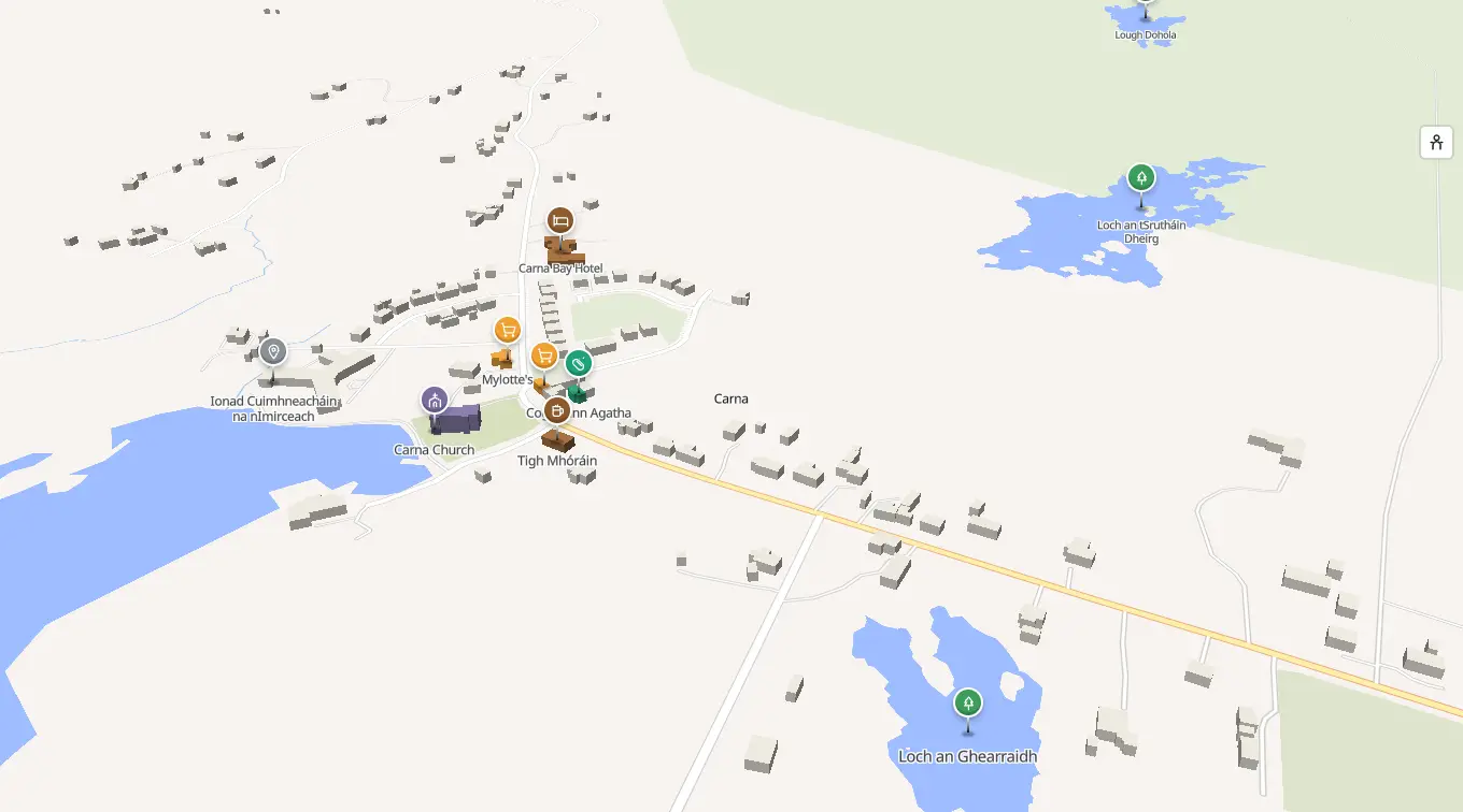 The 3D model of Carna: every building standing up, with the shops and services pinned