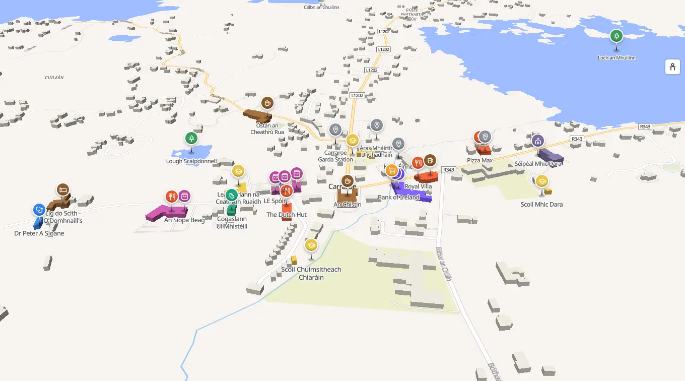 The 3D model of Carraroe: every building standing up, with the shops and services pinned