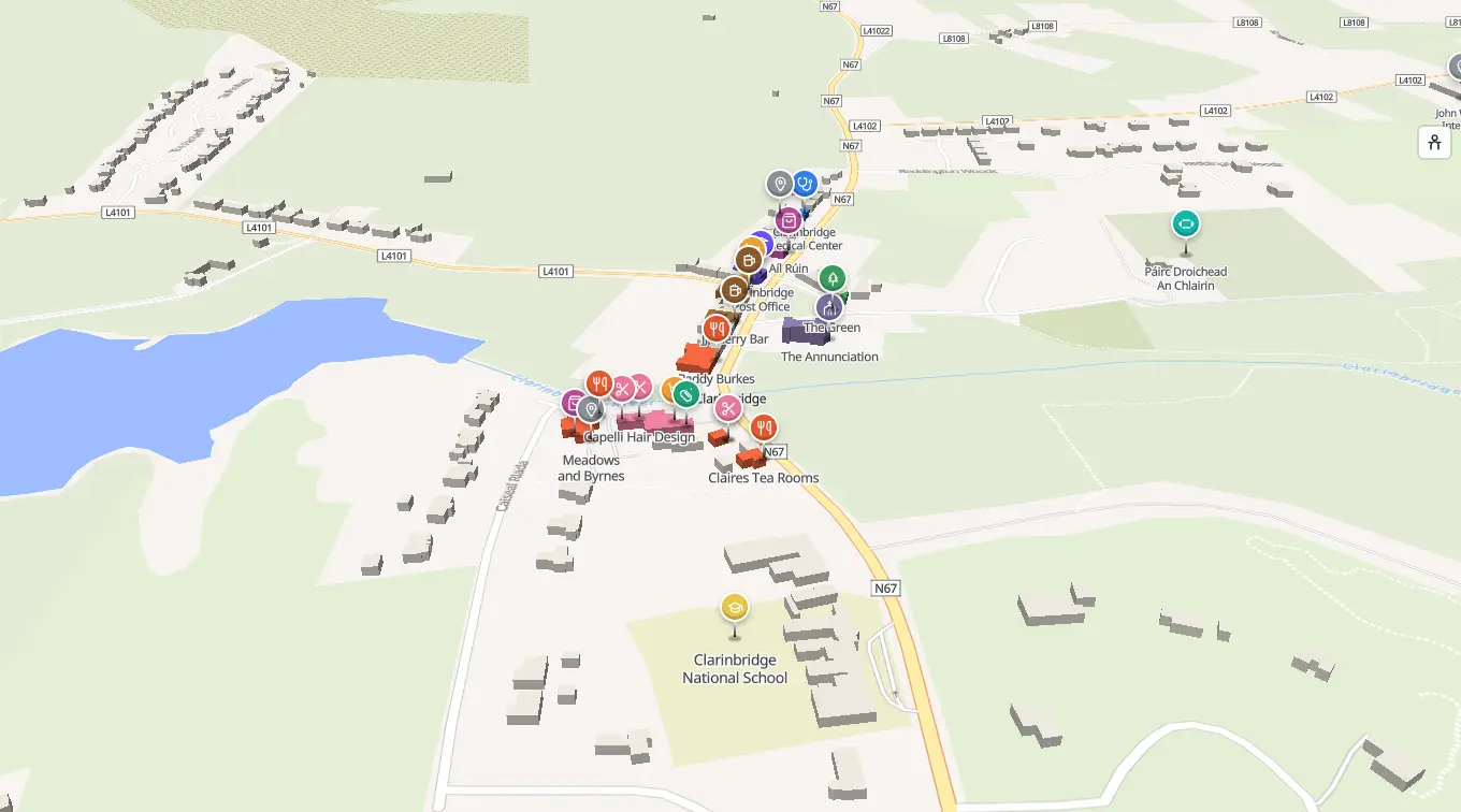 The 3D model of Clarinbridge: every building standing up, with the shops and services pinned