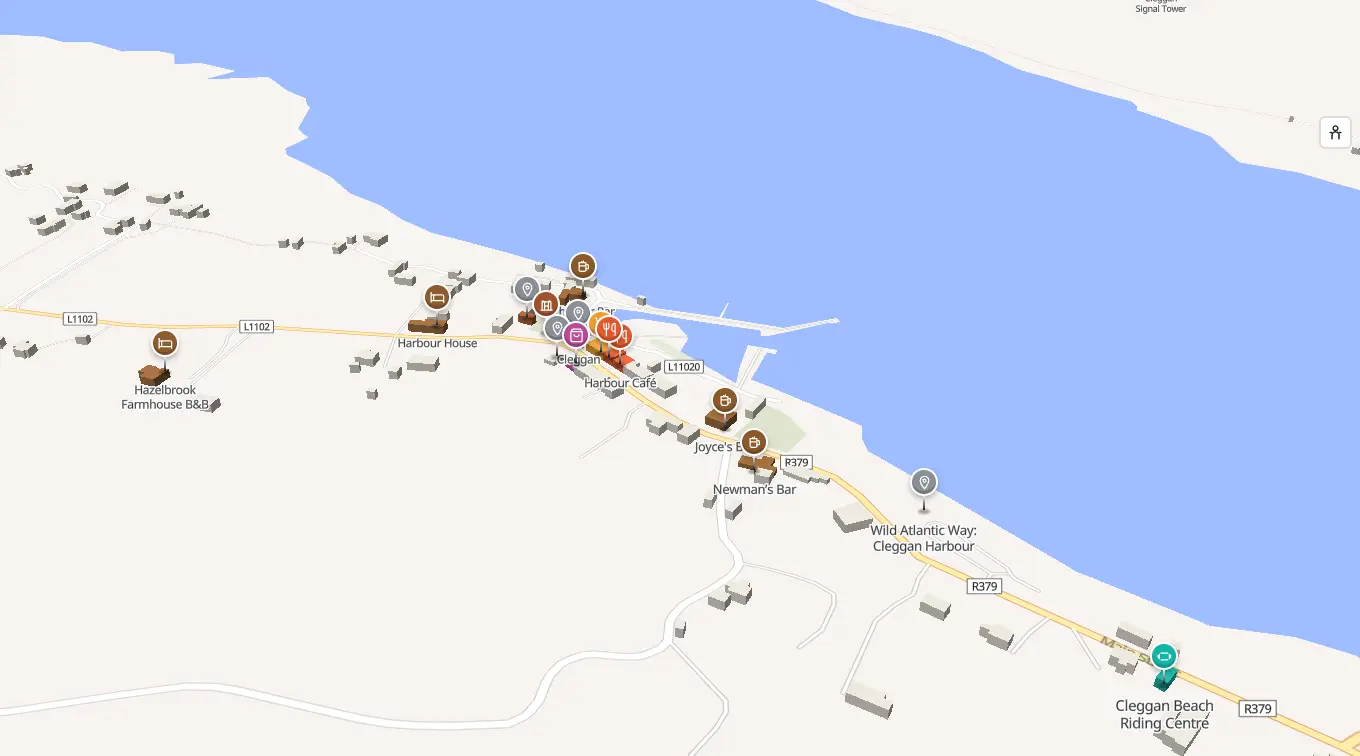 The 3D model of Cleggan: every building standing up, with the shops and services pinned