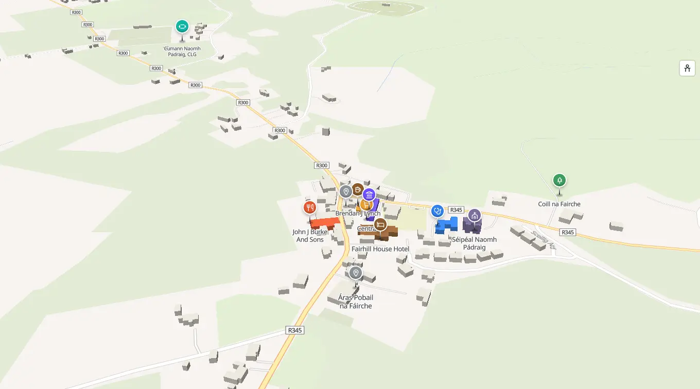 The 3D model of Clonbur: every building standing up, with the shops and services pinned