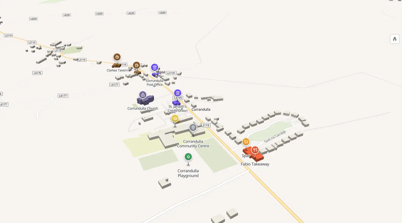 The 3D model of Corrandulla: every building standing up, with the shops and services pinned