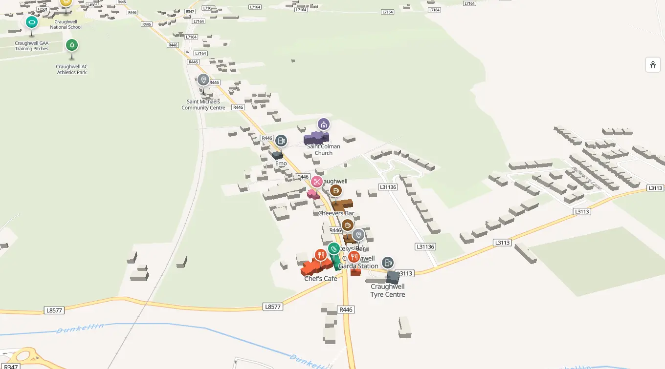The 3D model of Craughwell: every building standing up, with the shops and services pinned