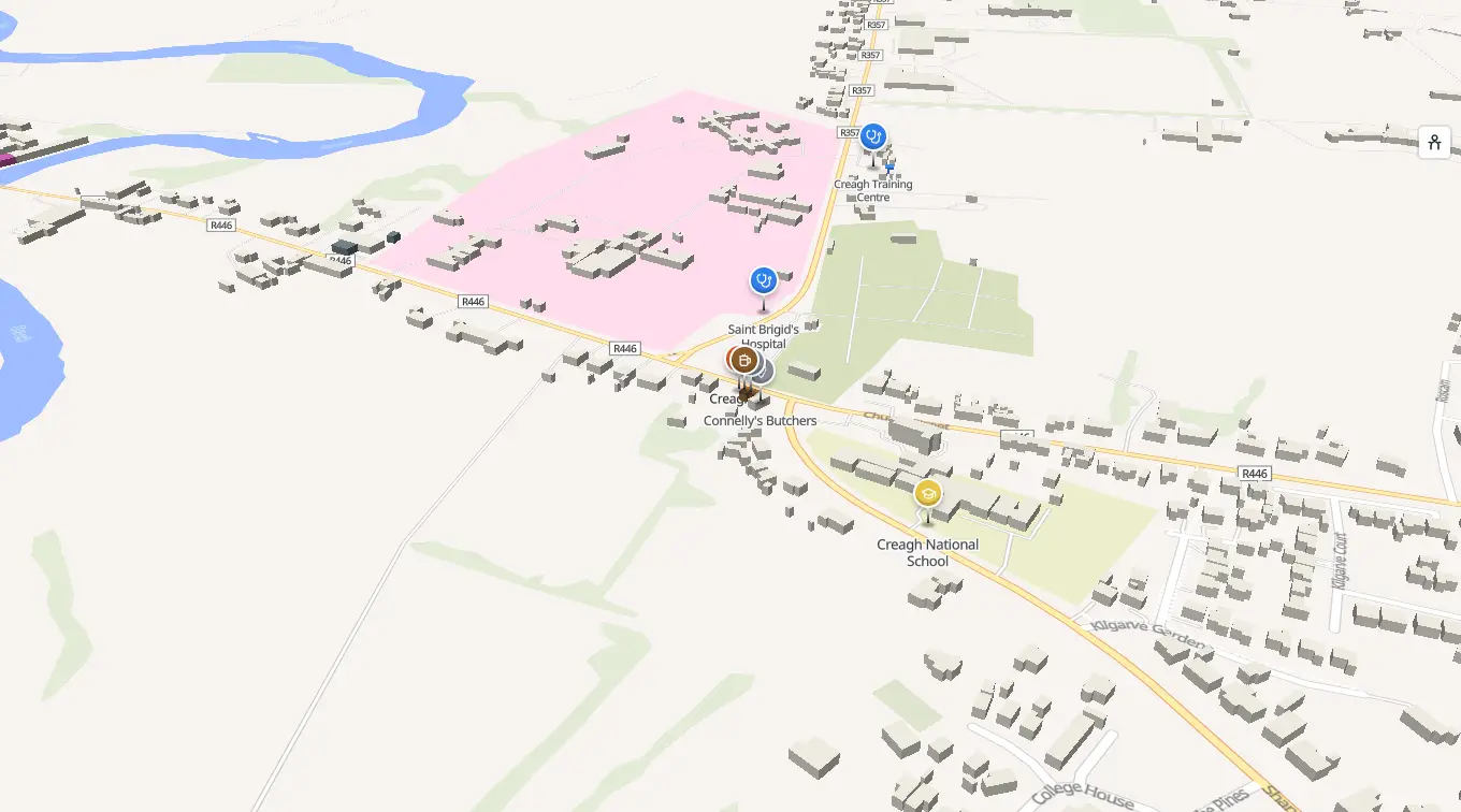 The 3D model of Creagh: every building standing up, with the shops and services pinned