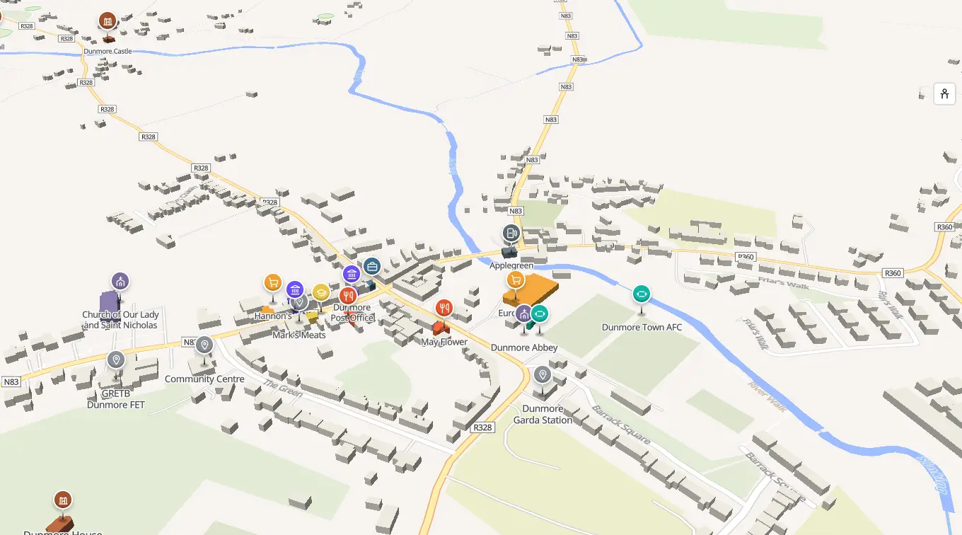 The 3D model of Dunmore: every building standing up, with the shops and services pinned
