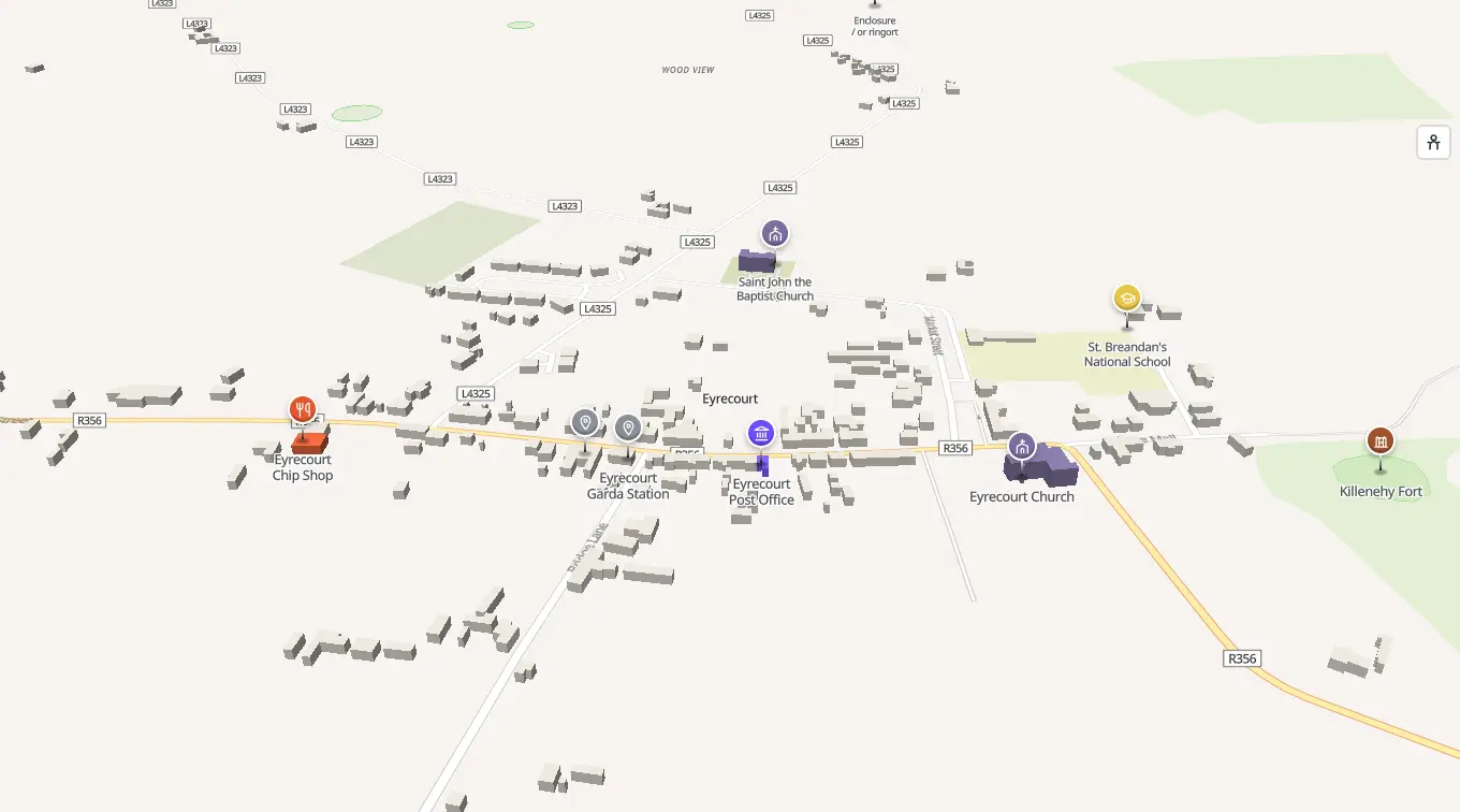 The 3D model of Eyrecourt: every building standing up, with the shops and services pinned