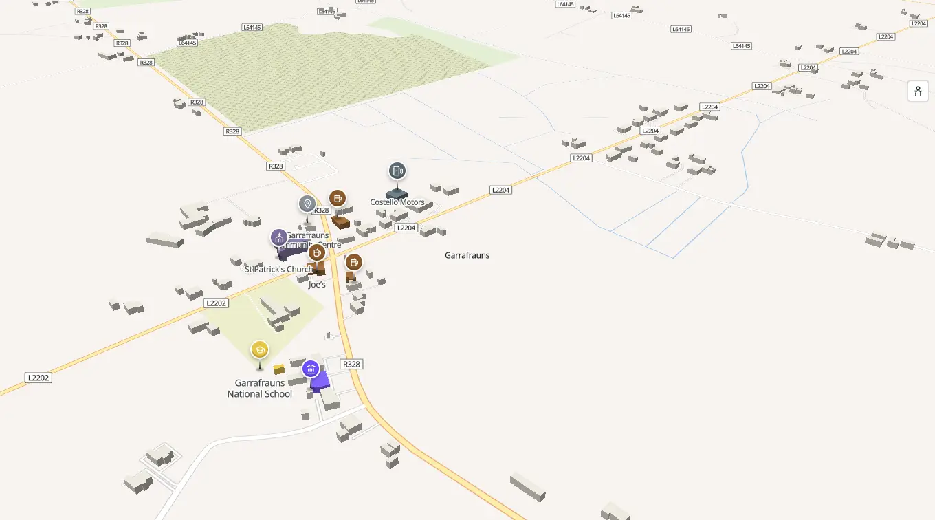 The 3D model of Garrafrauns: every building standing up, with the shops and services pinned