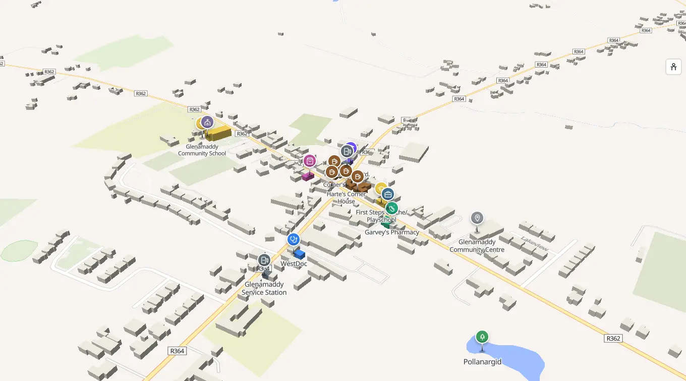 The 3D model of Glenamaddy: every building standing up, with the shops and services pinned