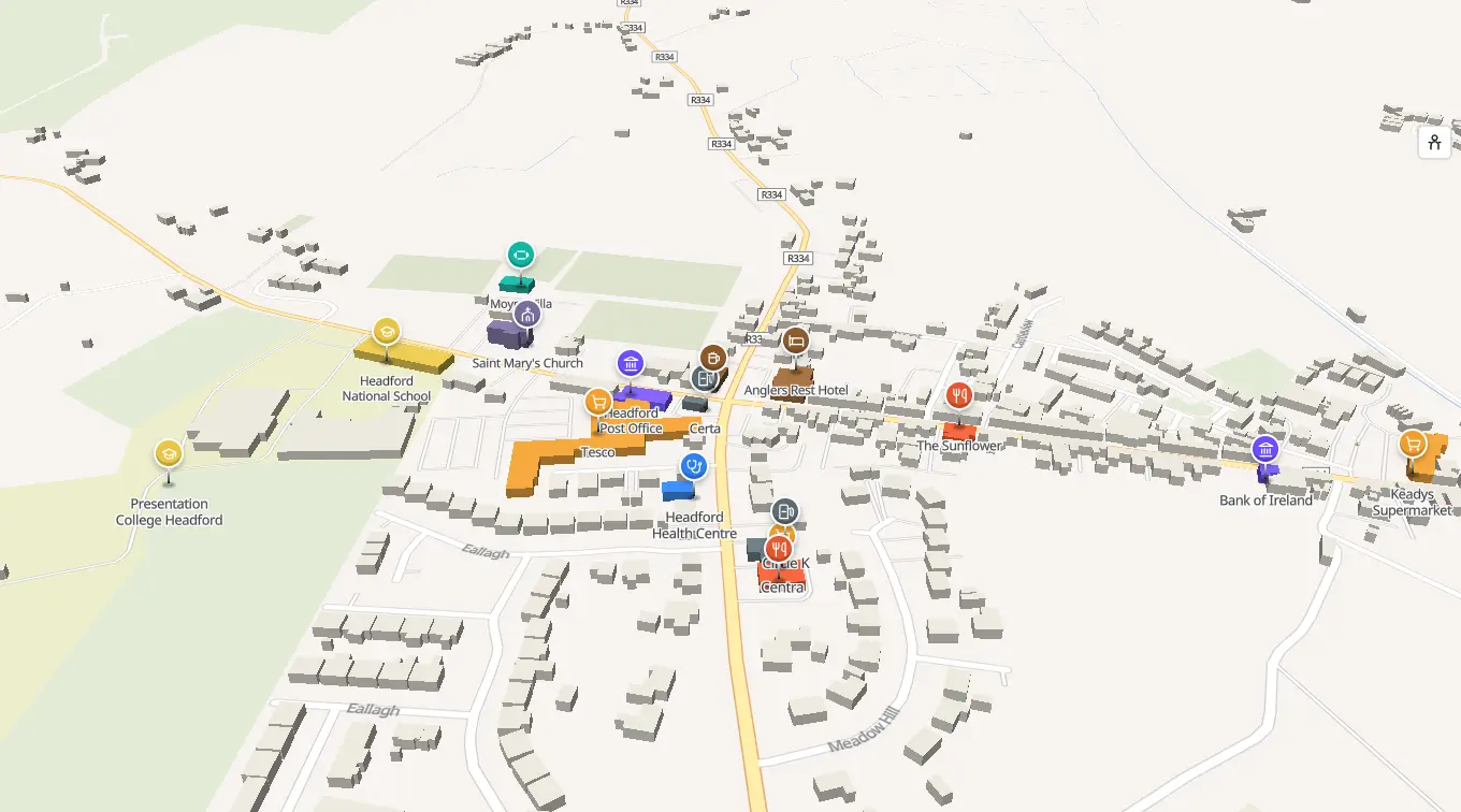 The 3D model of Headford: every building standing up, with the shops and services pinned