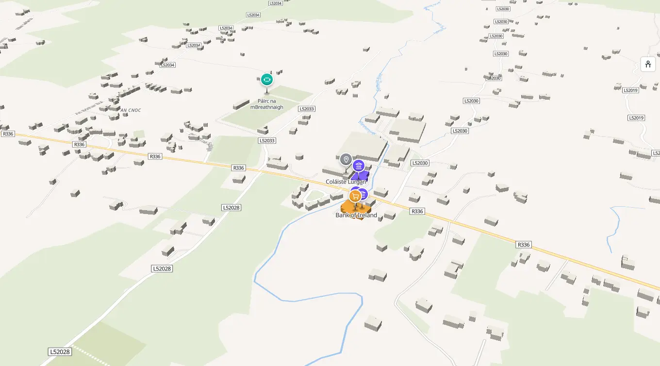 The 3D model of Inverin: every building standing up, with the shops and services pinned