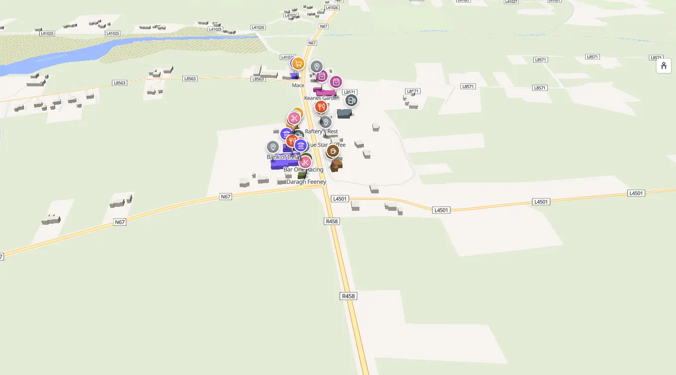 The 3D model of Kilcolgan: every building standing up, with the shops and services pinned