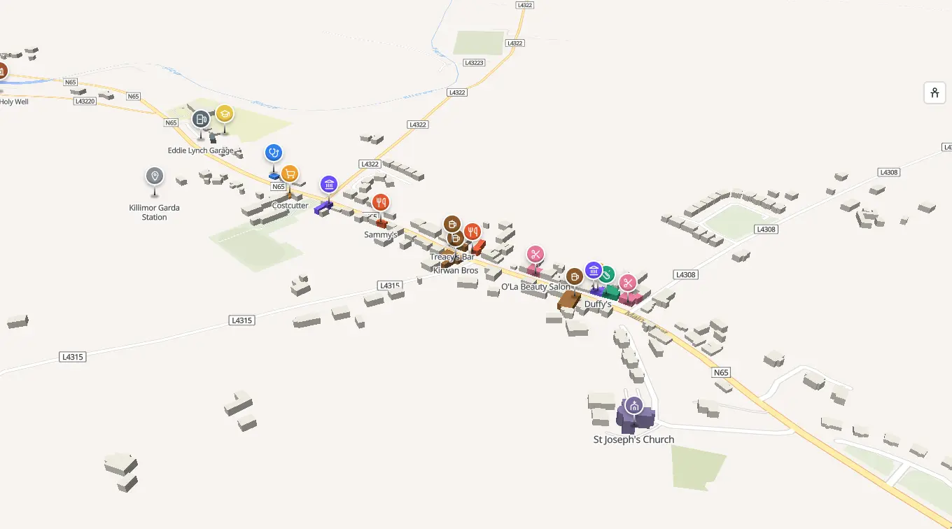 The 3D model of Killimor: every building standing up, with the shops and services pinned