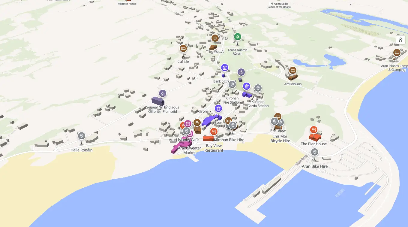 The 3D model of Kilronan: every building standing up, with the shops and services pinned