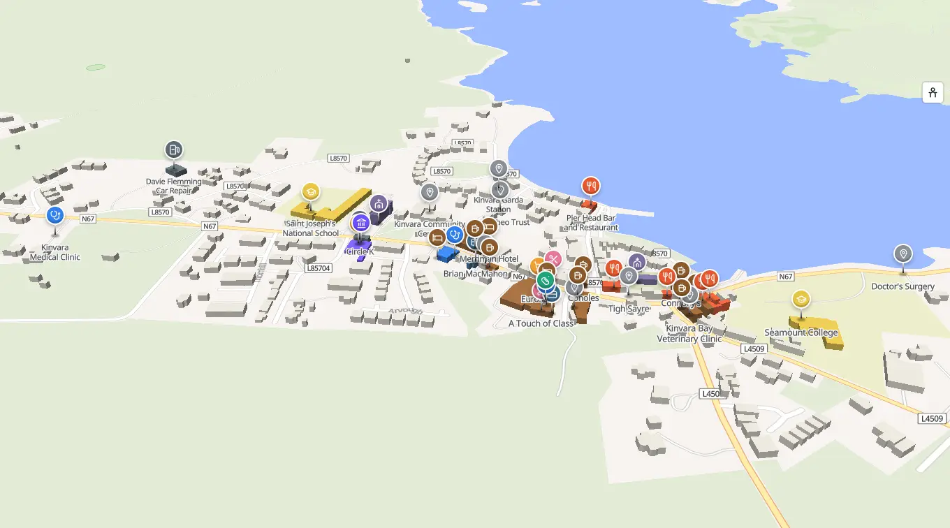 The 3D model of Kinvarra: every building standing up, with the shops and services pinned