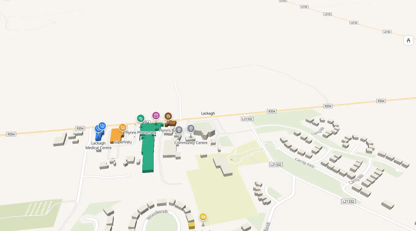 The 3D model of Lackagh: every building standing up, with the shops and services pinned