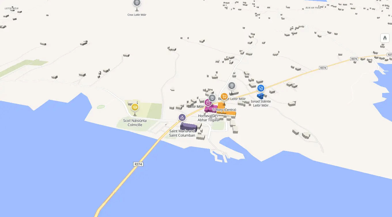 The 3D model of Leitir Móir: every building standing up, with the shops and services pinned