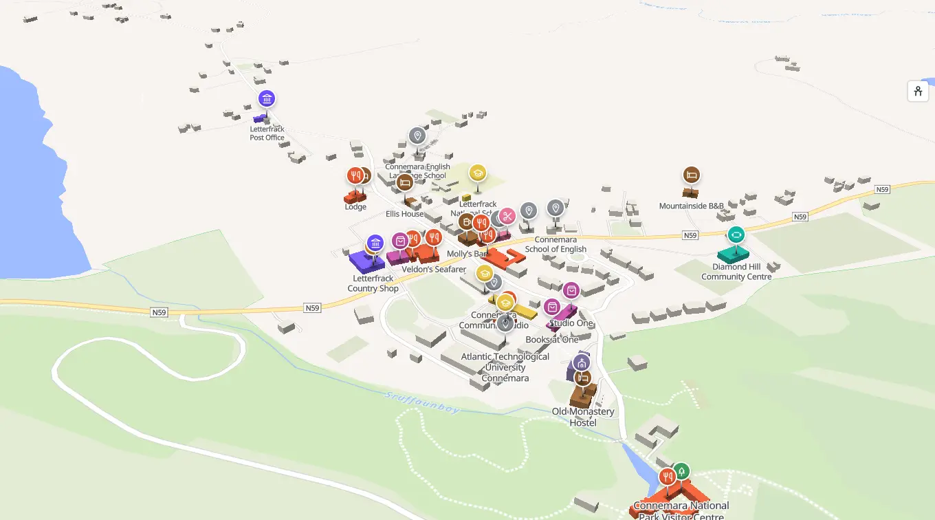 The 3D model of Letterfrack: every building standing up, with the shops and services pinned