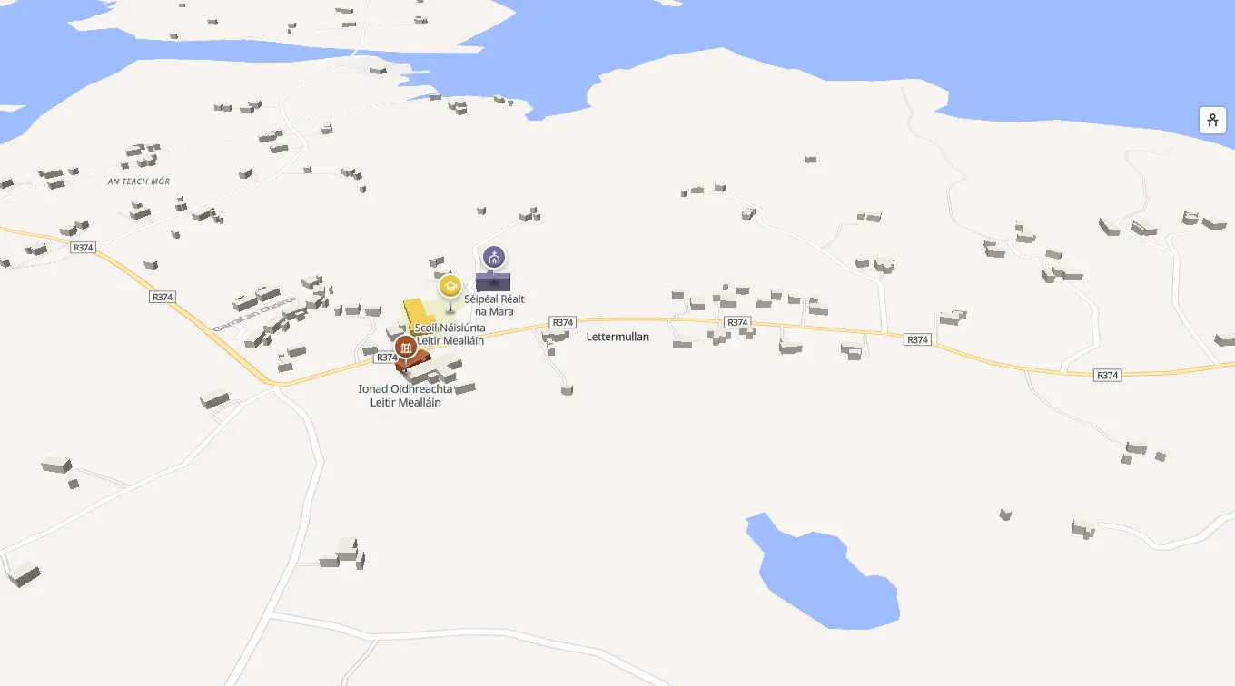 The 3D model of Lettermullan: every building standing up, with the shops and services pinned