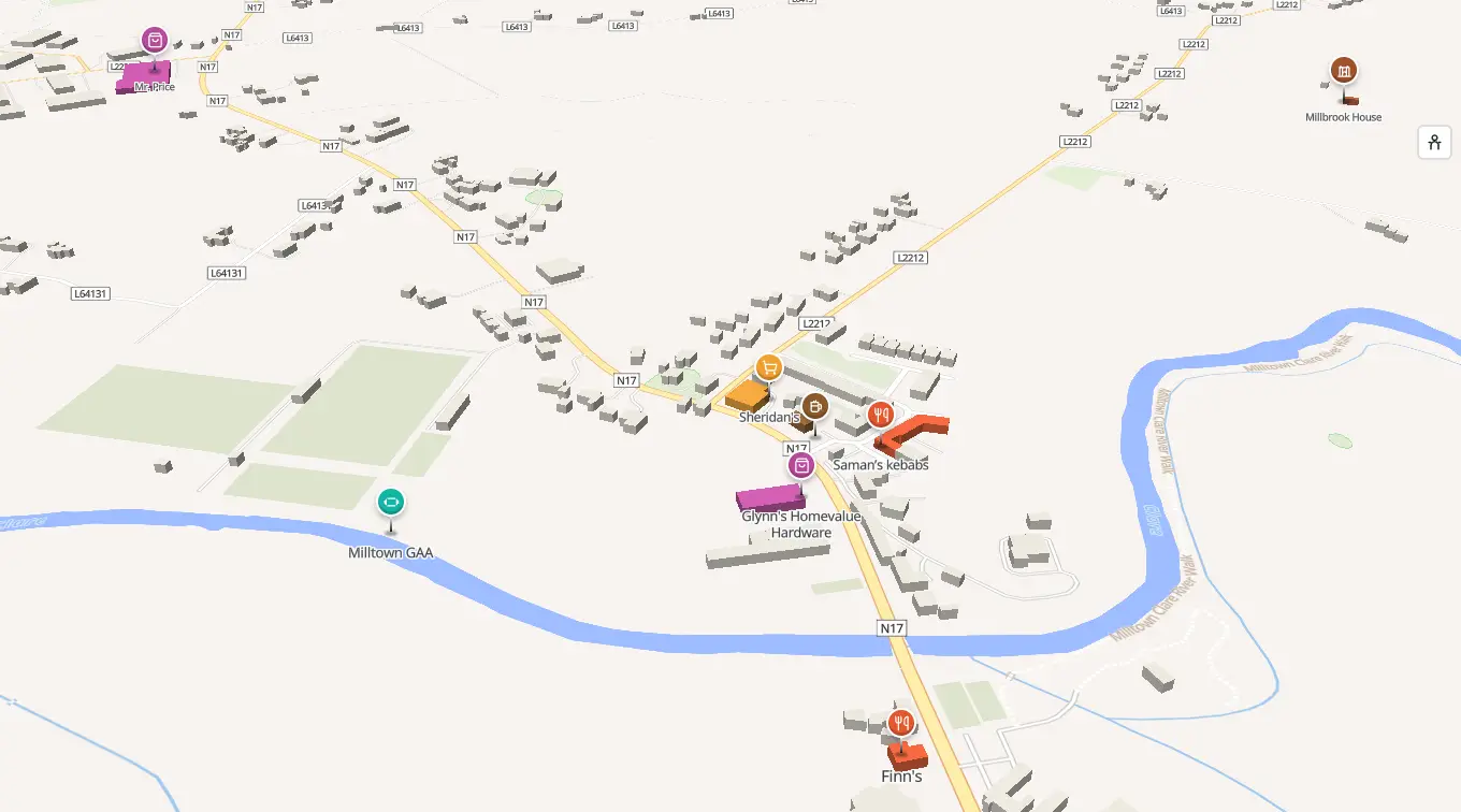 The 3D model of Milltown: every building standing up, with the shops and services pinned