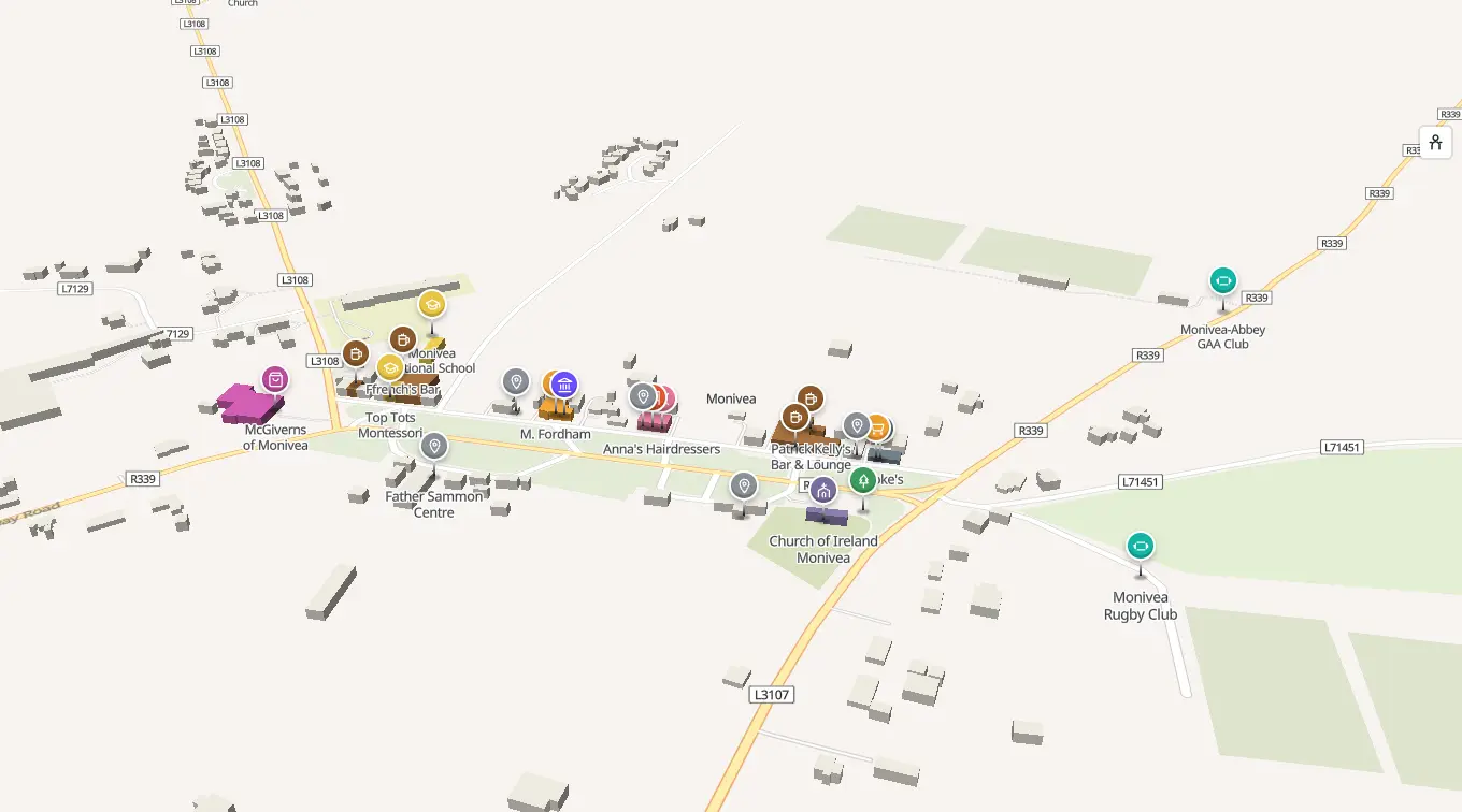 The 3D model of Monivea: every building standing up, with the shops and services pinned