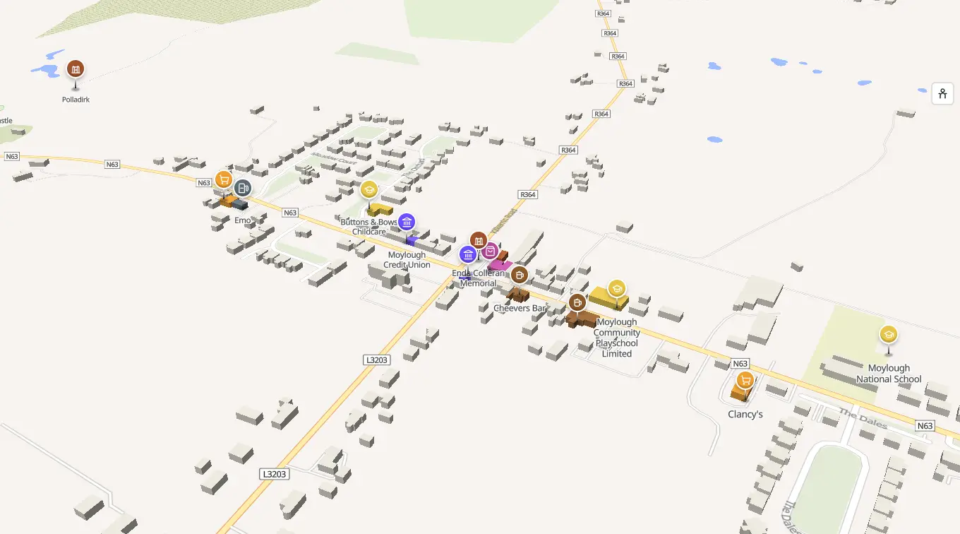 The 3D model of Moylough: every building standing up, with the shops and services pinned