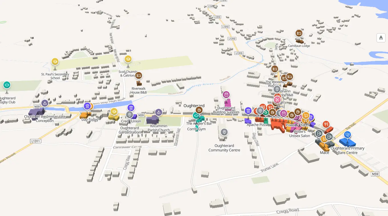 The 3D model of Oughterard: every building standing up, with the shops and services pinned