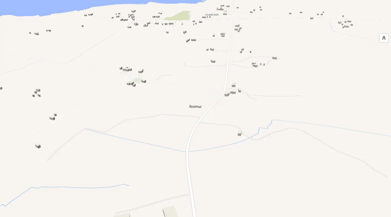 The 3D model of Rosmuc: every building standing up, with the shops and services pinned
