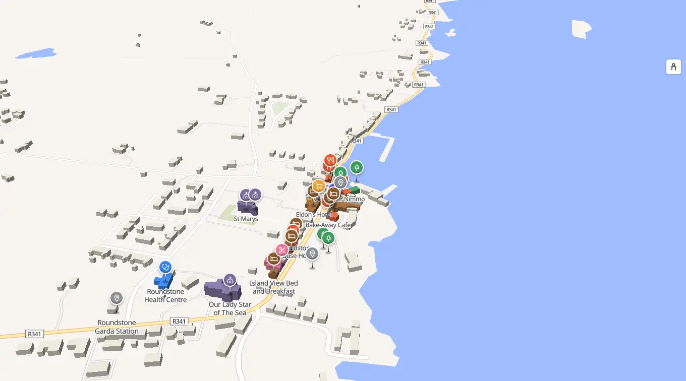 The 3D model of Roundstone: every building standing up, with the shops and services pinned