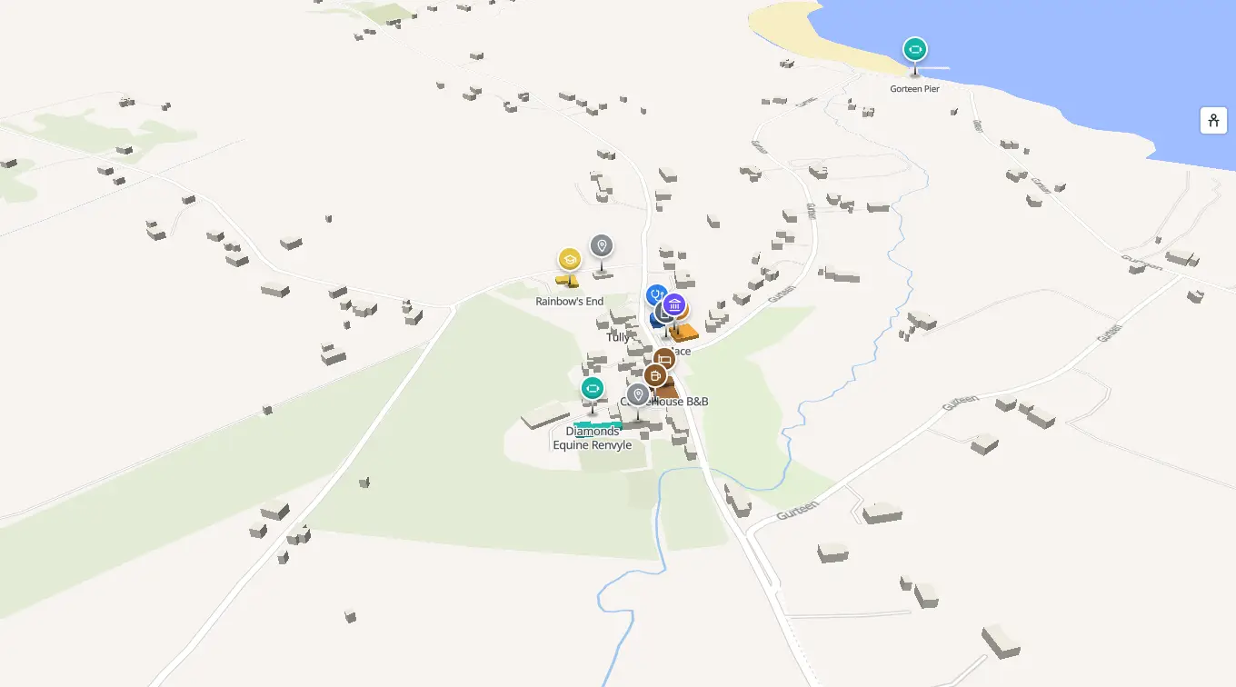 The 3D model of Tully: every building standing up, with the shops and services pinned